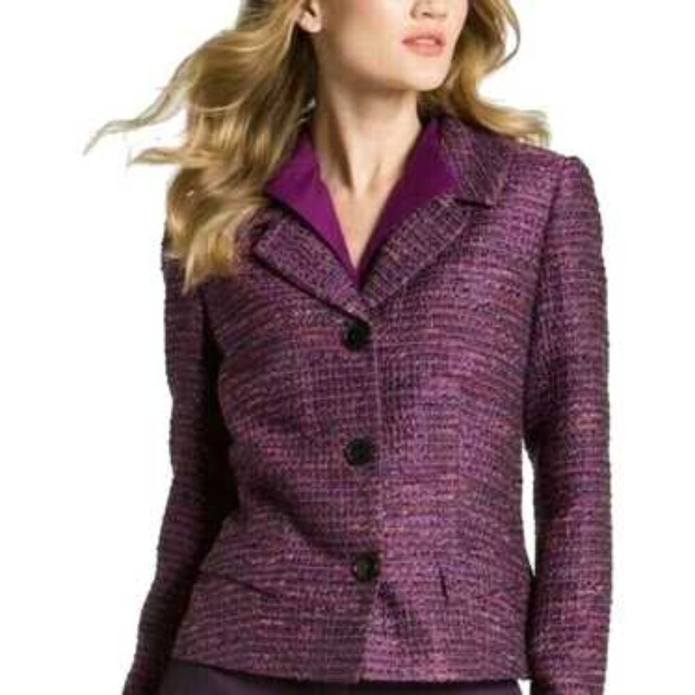 Lafayette 148 Metallic Tweed Blazer Womens Size 10 Purple Single Breasted Career